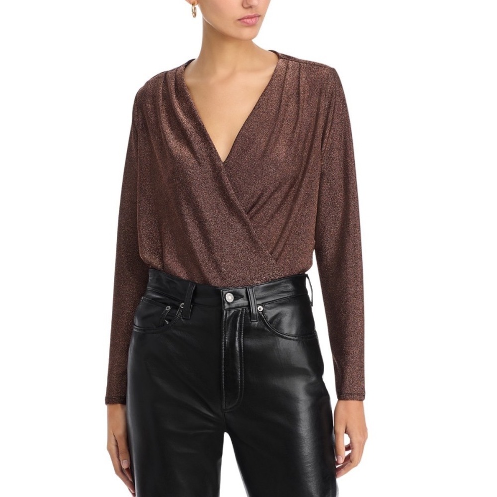 Status by Chenault Bronze Long Sleeve‎ Slinky Surplice Metallic Top XL 5586321